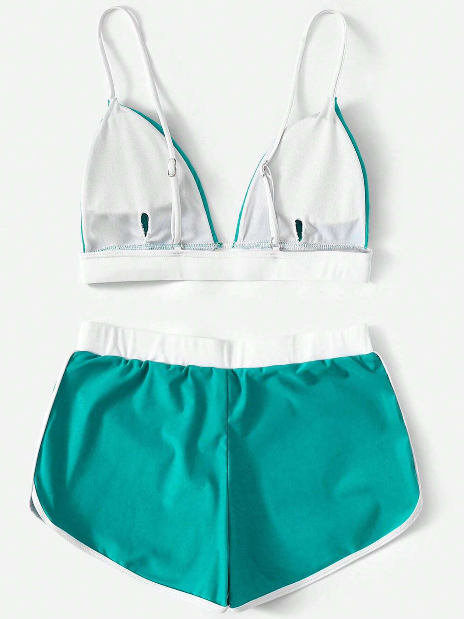 Aqua Contrast Binding Triangle Bikini Shorts Set