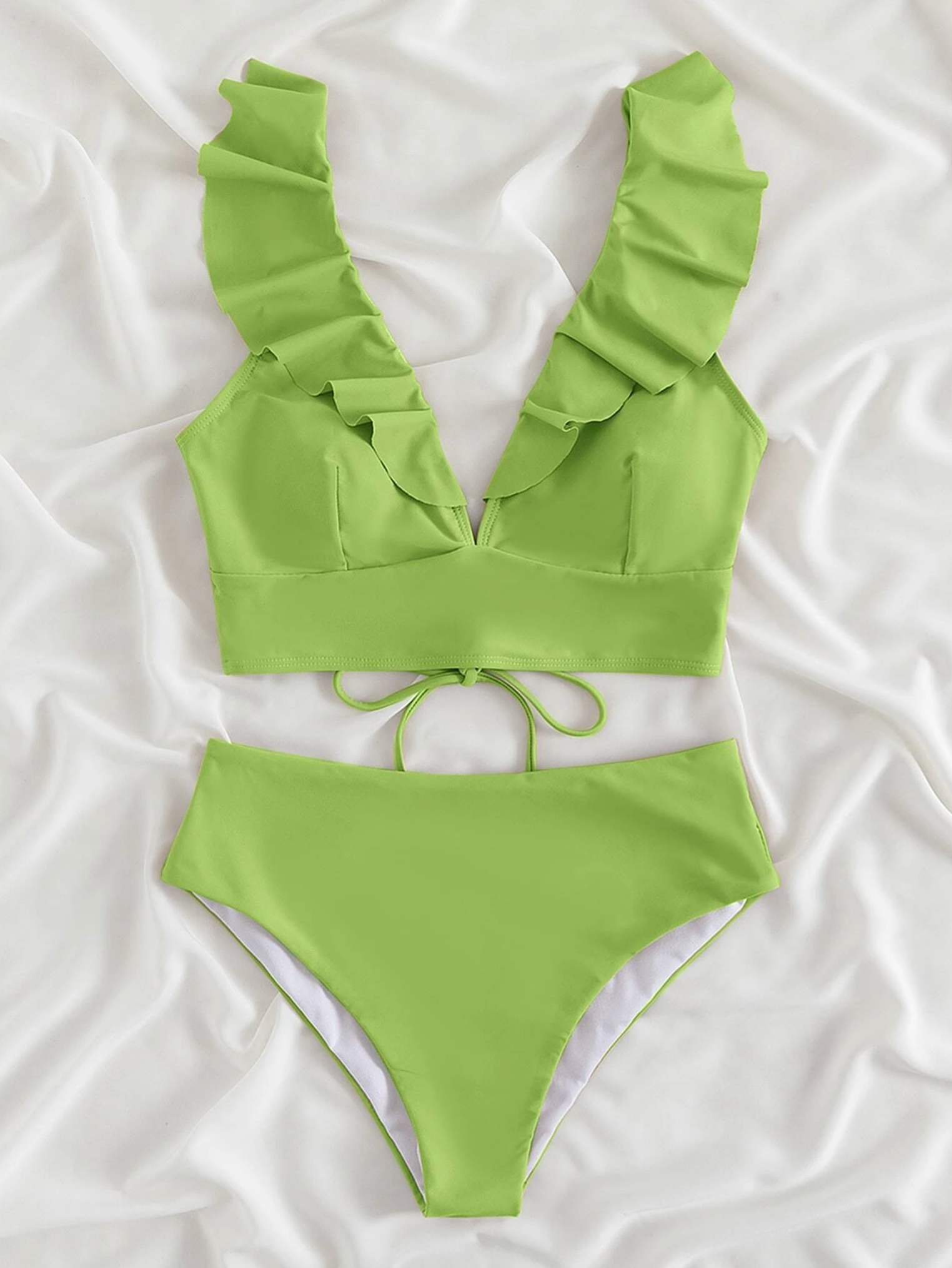 Lime Ruffle Trim Lace-up Back High Waisted Bikini Set