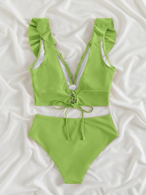 Lime Ruffle Trim Lace-up Back High Waisted Bikini Set