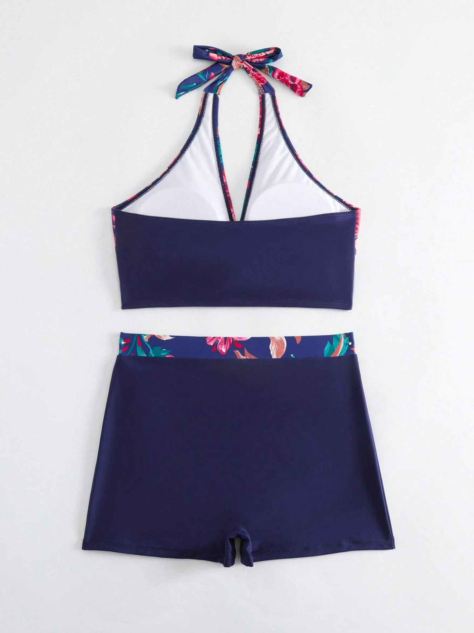 Floral & Block Halter Bikini Shorts Set