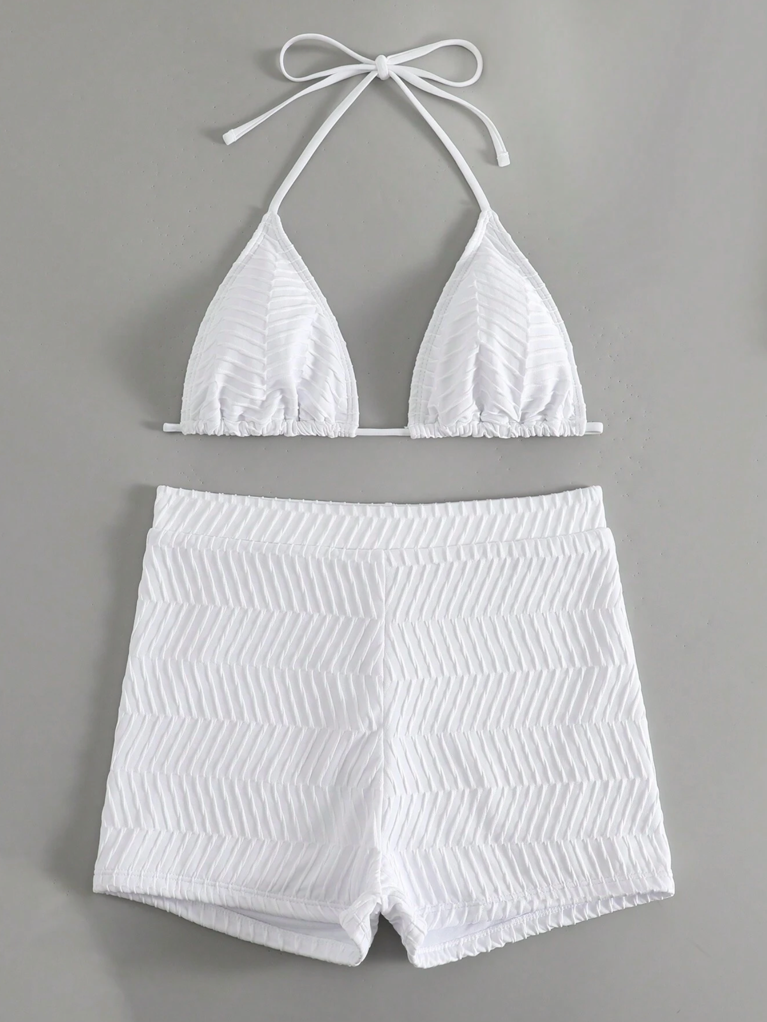 Textured White Triangle Halter Bikini Shorts Set