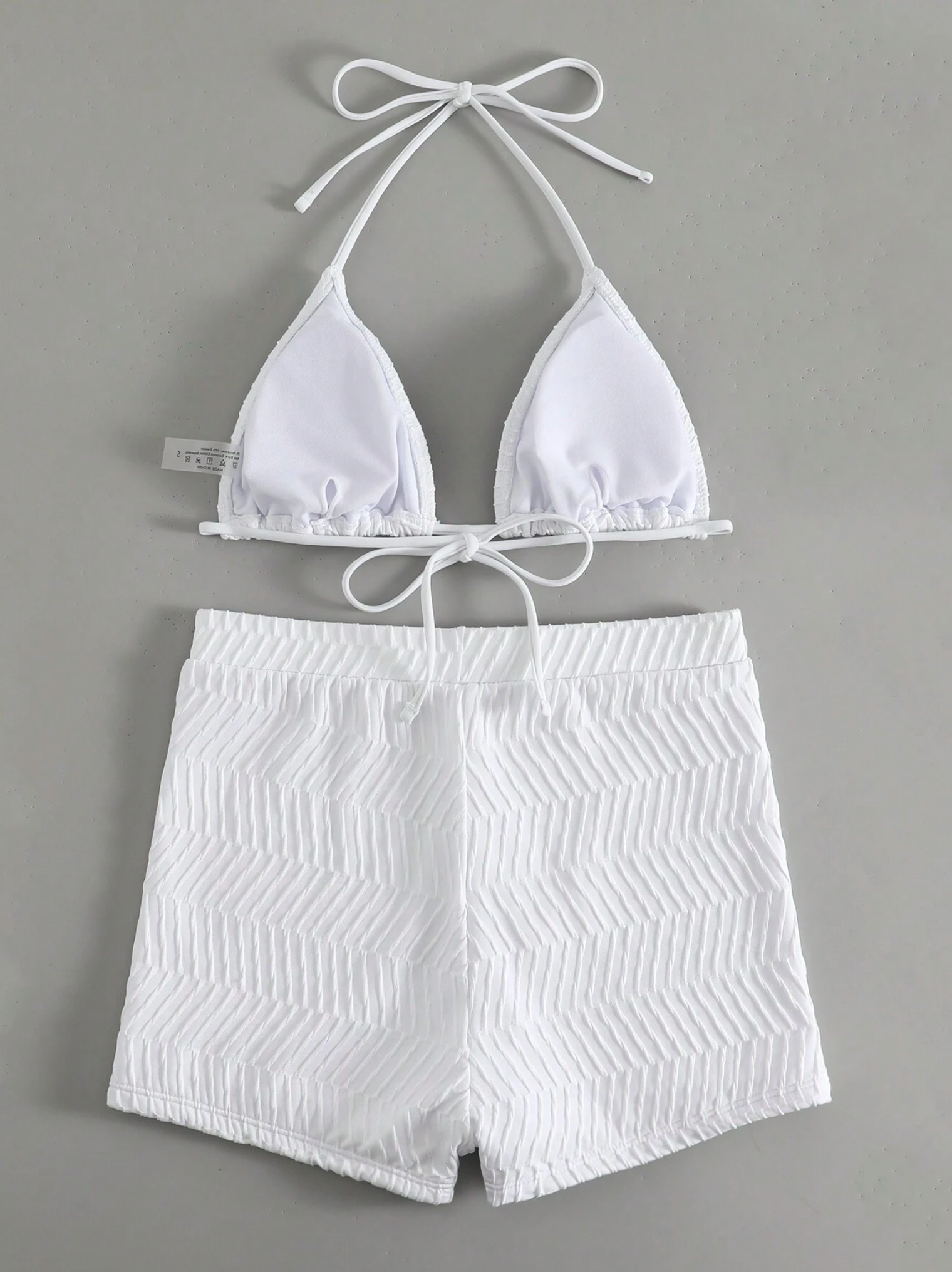 Textured White Triangle Halter Bikini Shorts Set