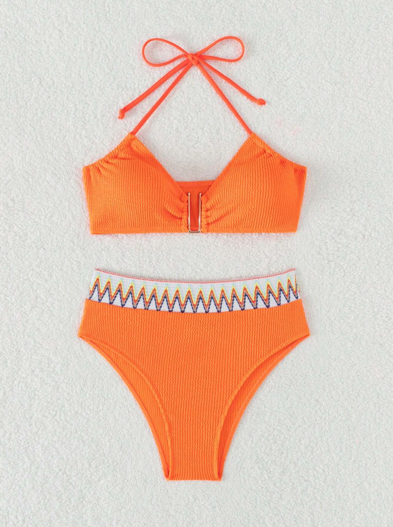 Orange Crinkle Chevron Tape Halter Bikini Set