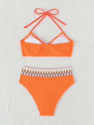 Orange Crinkle Chevron Tape Halter Bikini Set