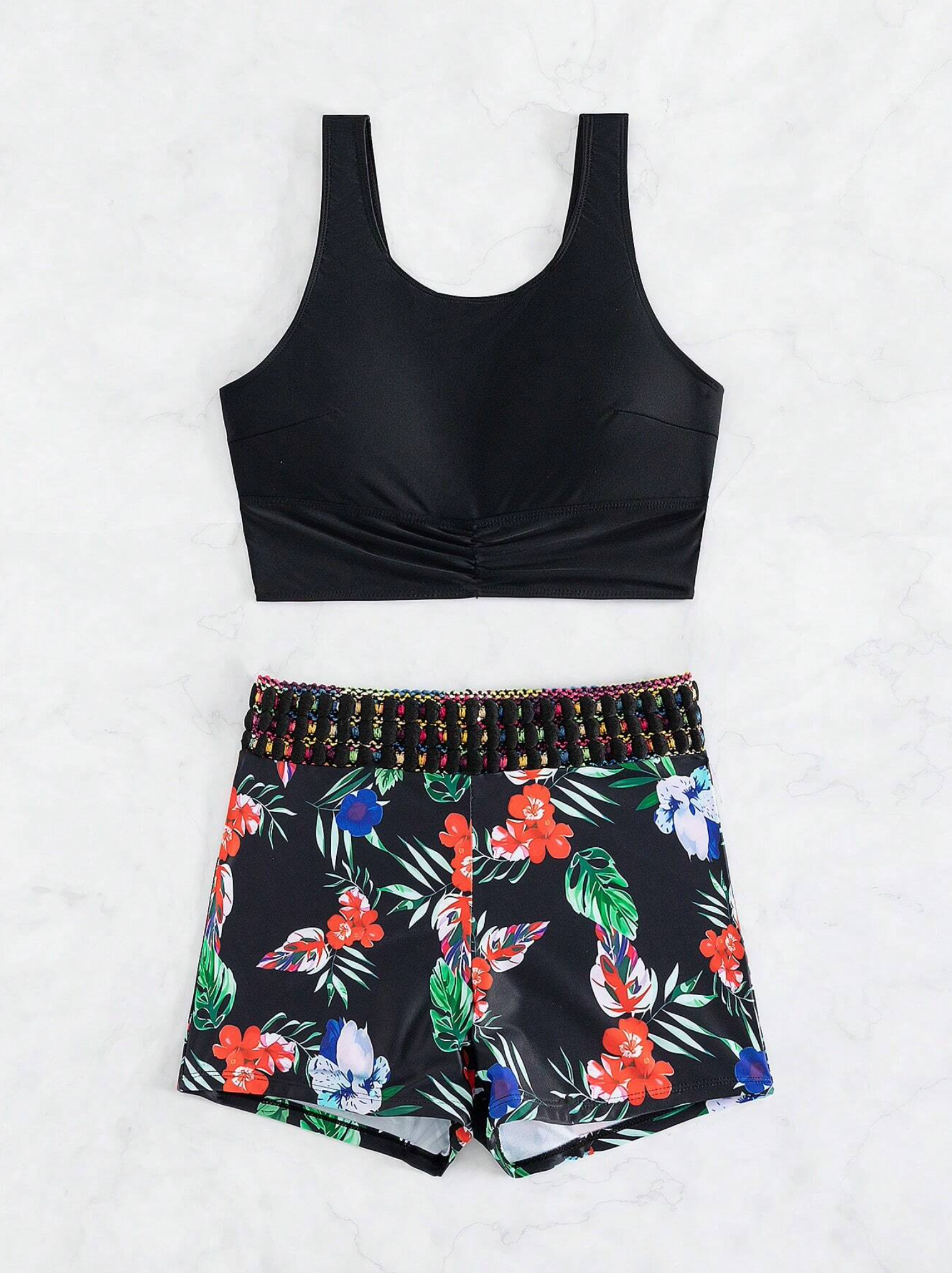 Block & Tropical Ruched Bikini Shorts Set