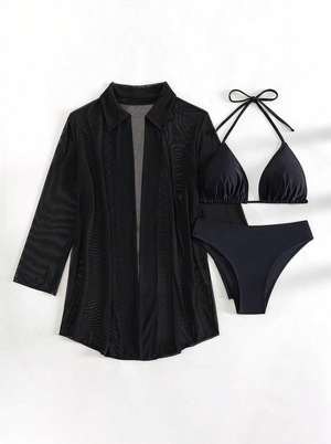 3 Pack DD+ Plain Halter Triangle Bikini Swimsuit With Kimono