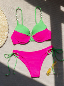 Neon Color Block Underwire Pearl Detail Bikini Set