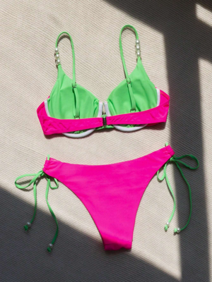Neon Color Block Underwire Pearl Detail Bikini Set
