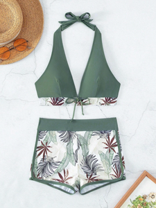 Colorblock Olive & Tropical Halter Bikini Shorts Set