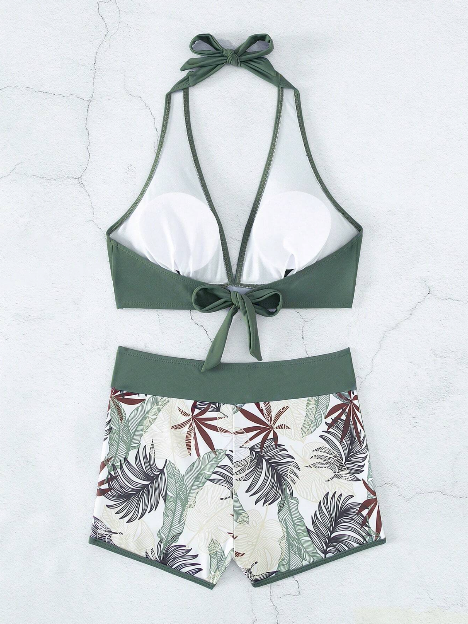 Colorblock Olive & Tropical Halter Bikini Shorts Set