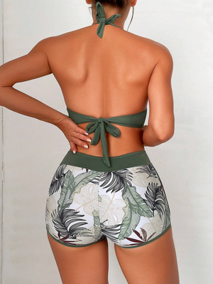 Colorblock Olive & Tropical Halter Bikini Shorts Set