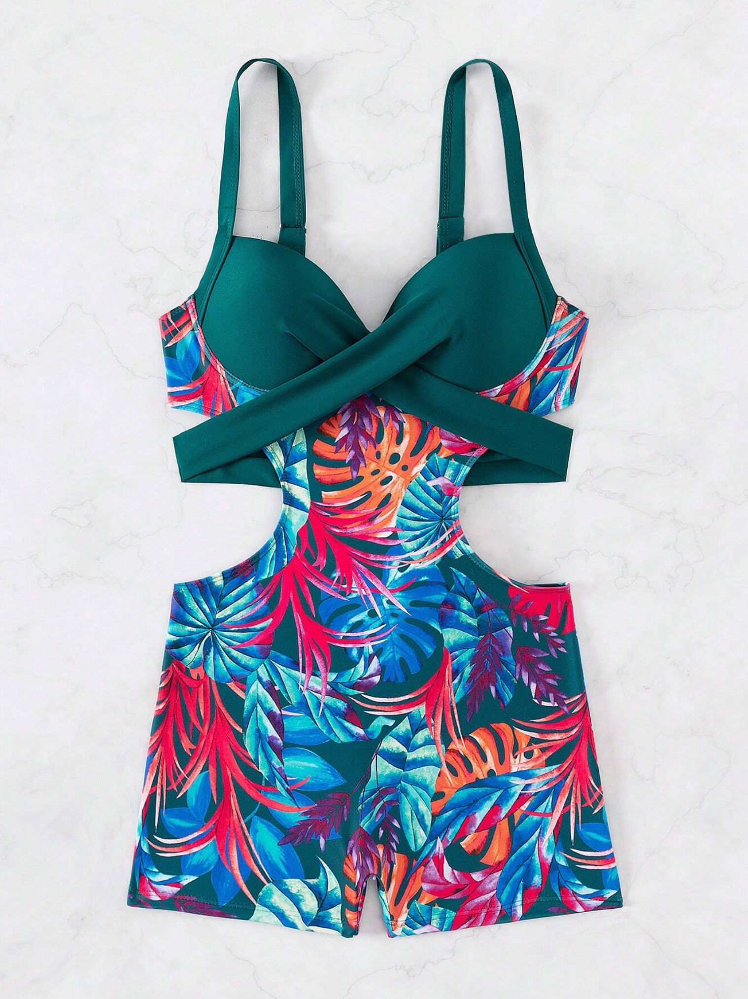 Teal & Tropical Cut Out Push Up One Piece Shorts