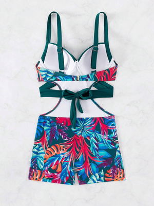 Teal & Tropical Cut Out Push Up One Piece Shorts