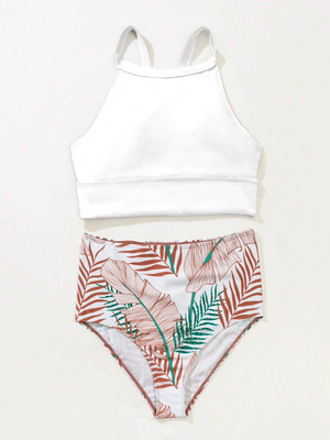White & Tropical High Neck Bikini Set