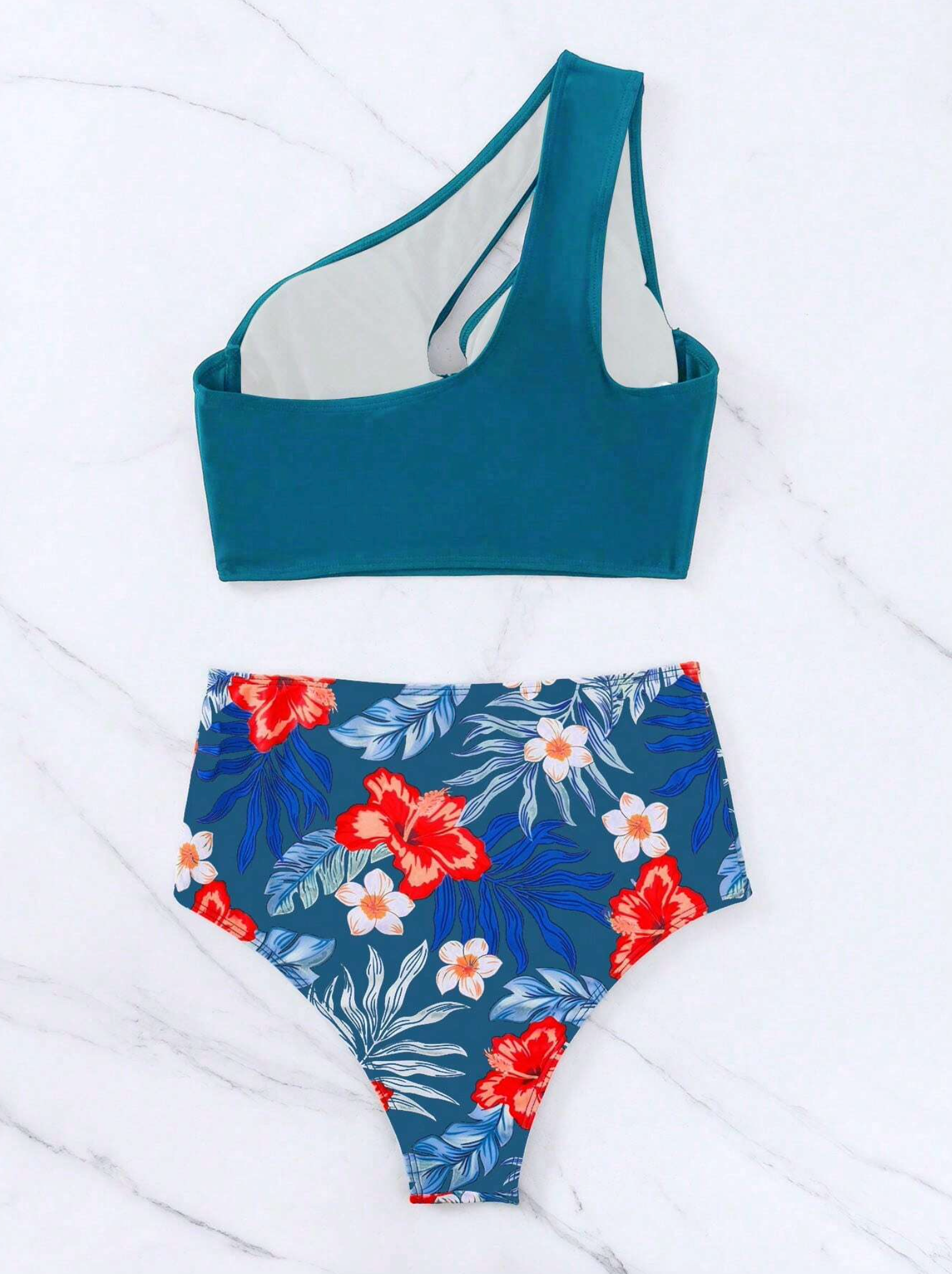 Teal & Tropical One Shoulder Push Up Bikini Set