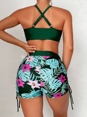 High Support Green Block & Tropical Drawstring Bikini Shorts Set