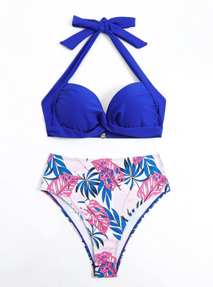 Vcay Leaf Print Twist Front Halter Bikini