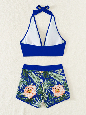 Royal Blue Tropical Halter Bikini Shorts Set