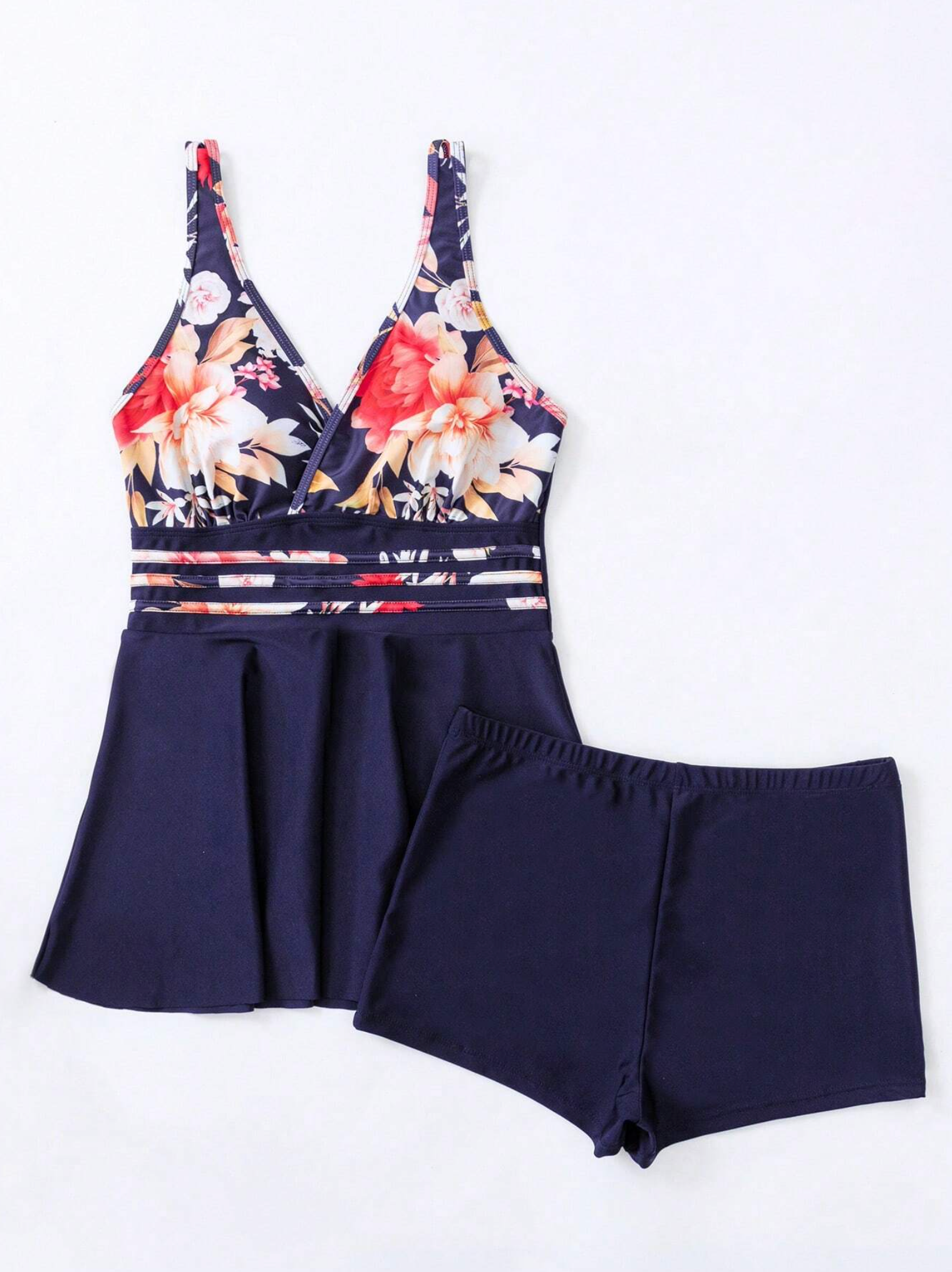 Floral Ruffle Hem Tankini Shorts Set