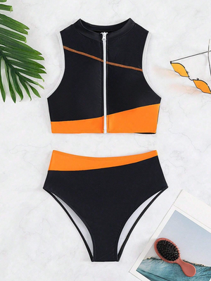 SURF Colorblock Zip High Neck Bikini Set