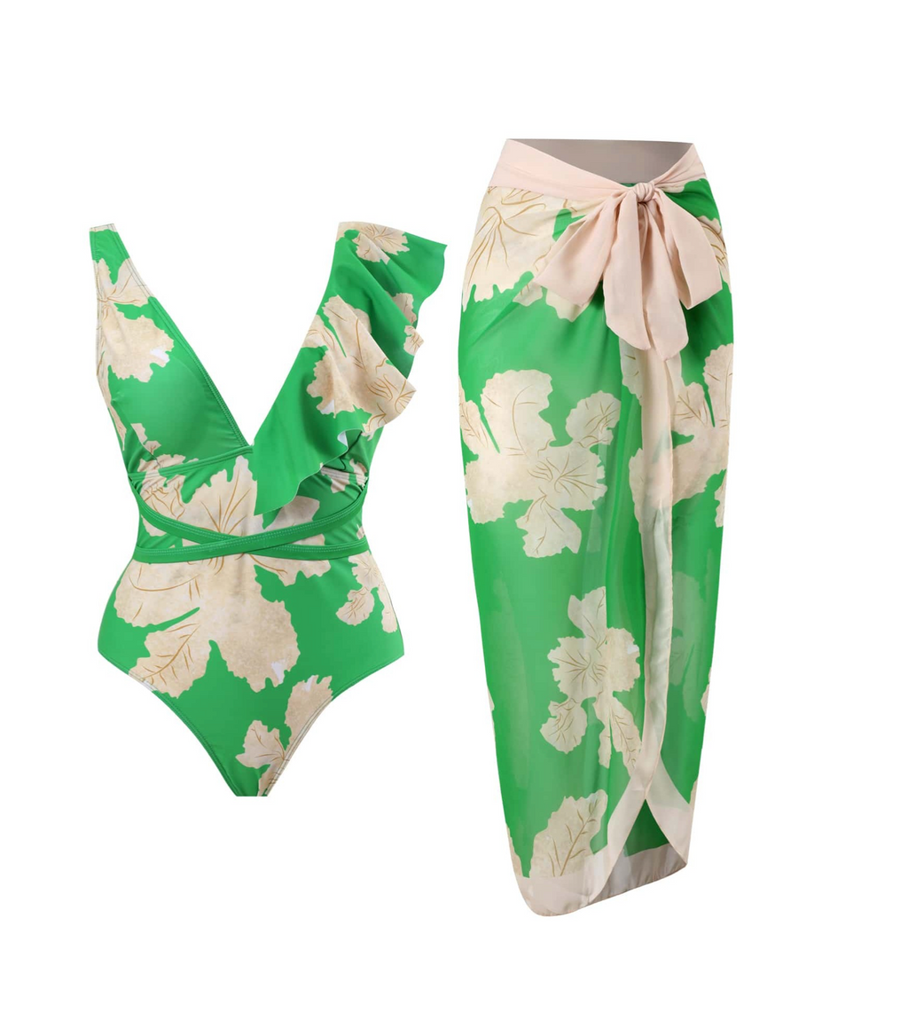 LUXE COLLECTION - Green Bloom Ruffle One Piece & Sarong Set