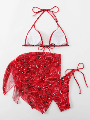 3 Pack - BohoFeel Red Paisley Print Bikini & Wrap Set