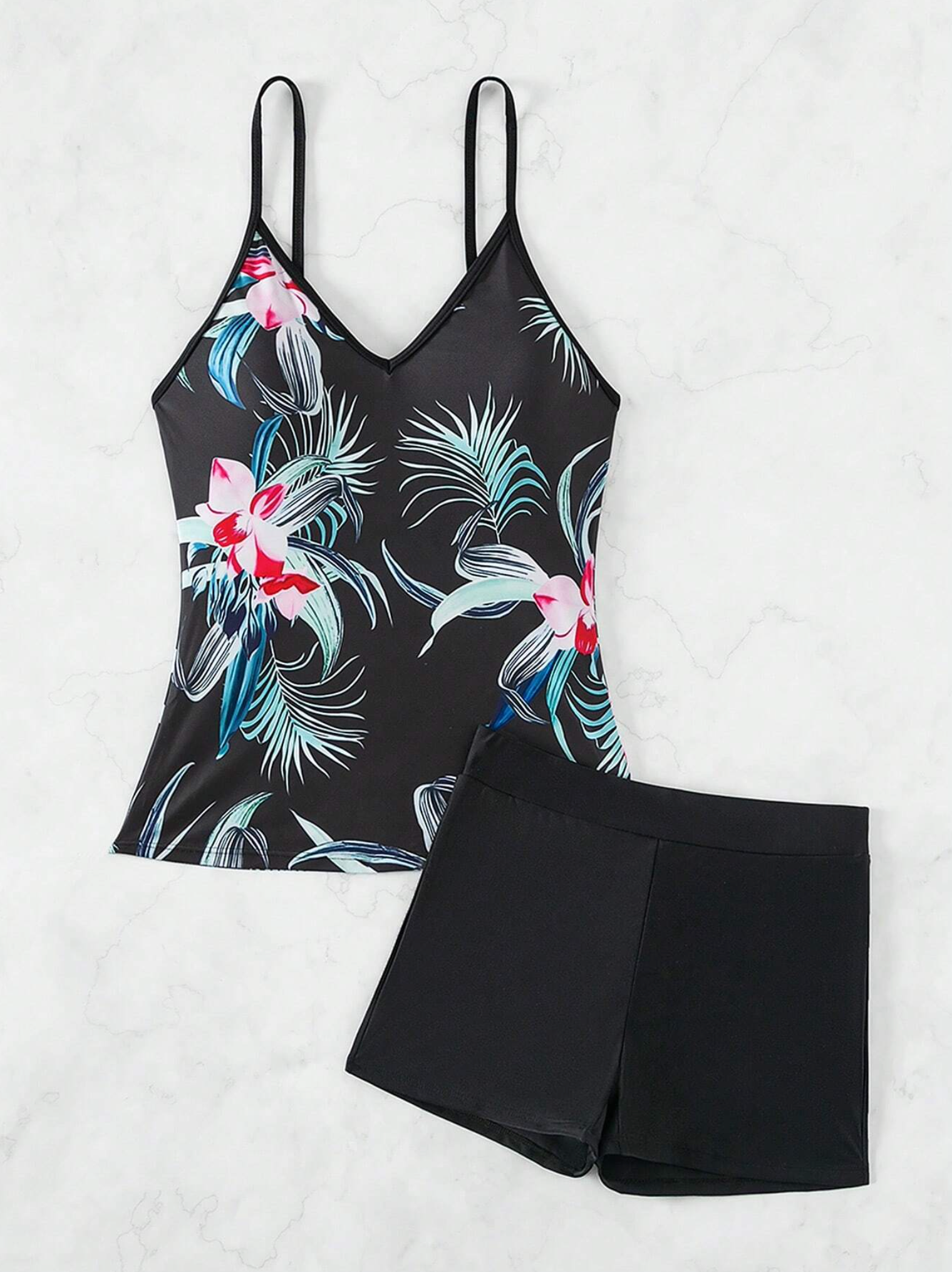 Tropical & Black Tankini Shorts Set