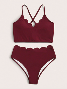 Burgundy Scallop Trim Criss Cross Bikini