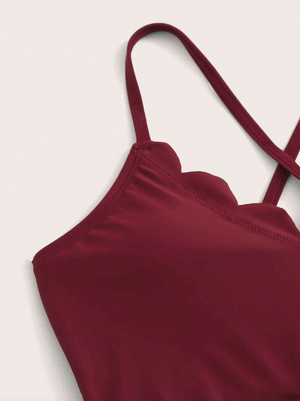 Burgundy Scallop Trim Criss Cross Bikini