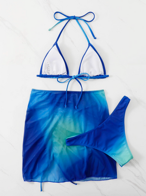 3 Pack Ocean Ombre Halter Triangle Bikini & Beach Skirt