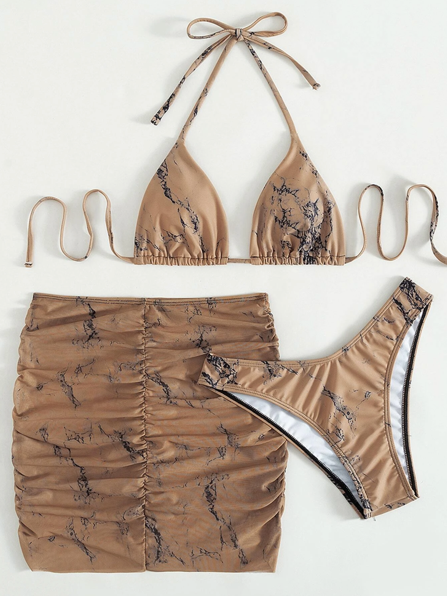 3pack Sand Marble Print Triangle Bikini & Beach Skirt