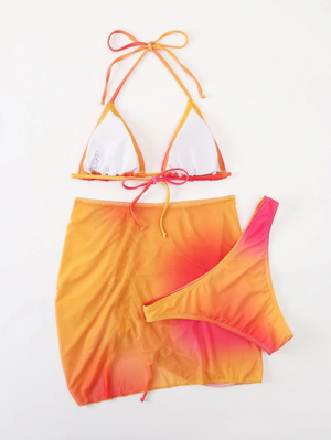 3 pack Sunset Ombre Halter Triangle Bikini & Beach Skirt