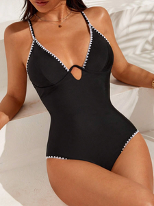 Whip Stitch Lace Up Back One Piece Swimsuit