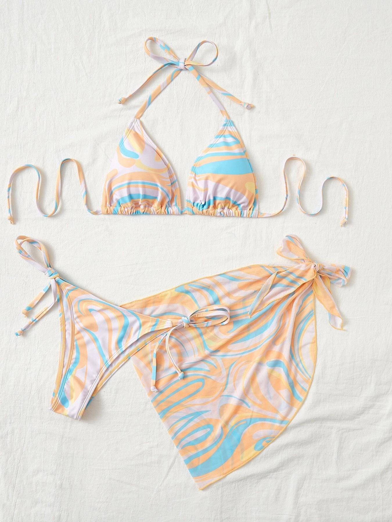3 Pack Pastel Swirl Bikini & Wrap Set