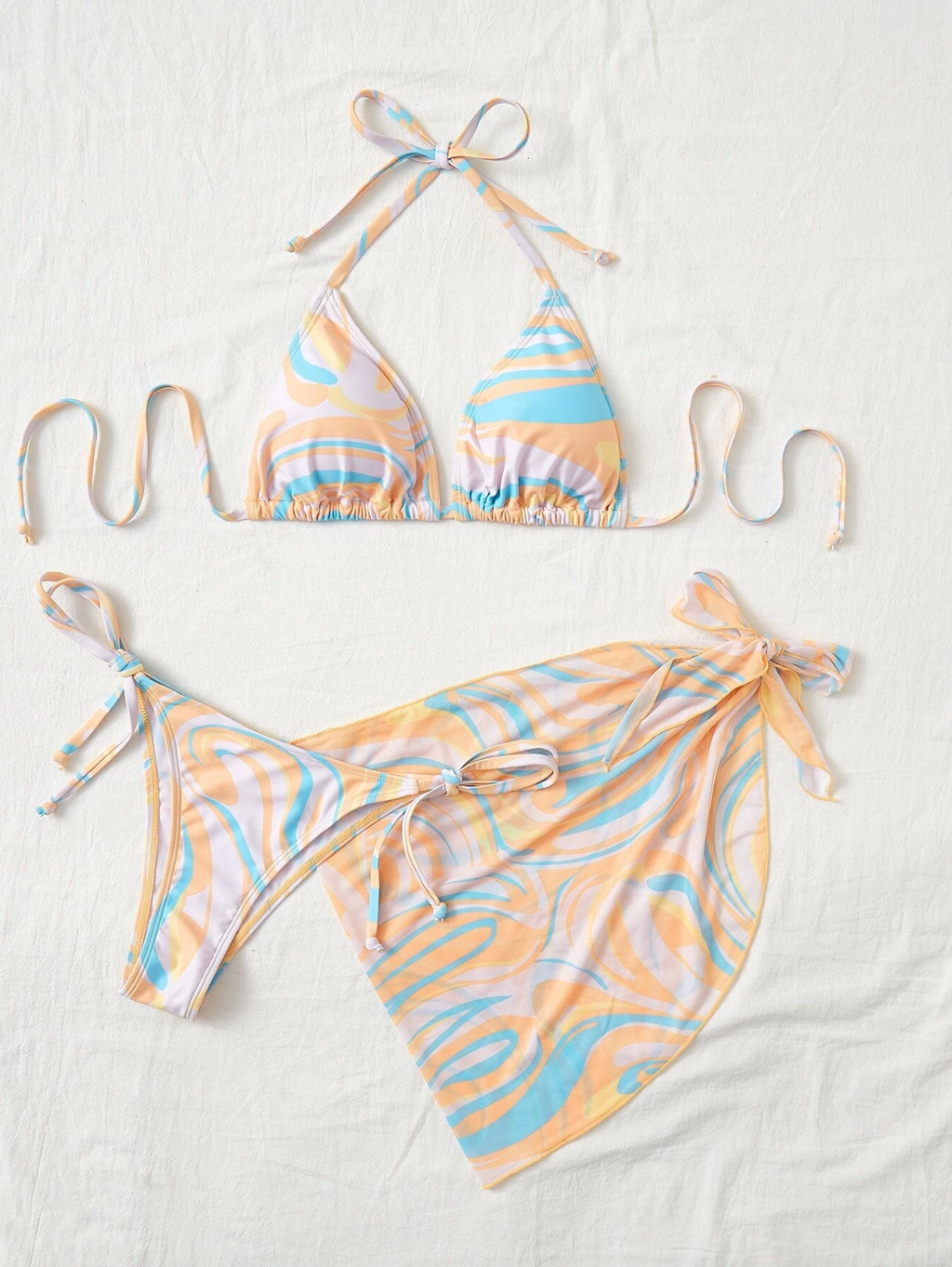 3 Pack Pastel Swirl Bikini & Wrap Set