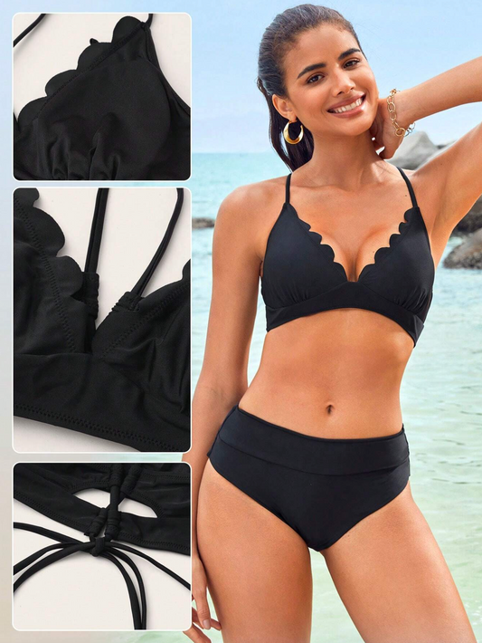 Basic Scallop Trim Triangle High Waisted Bikini