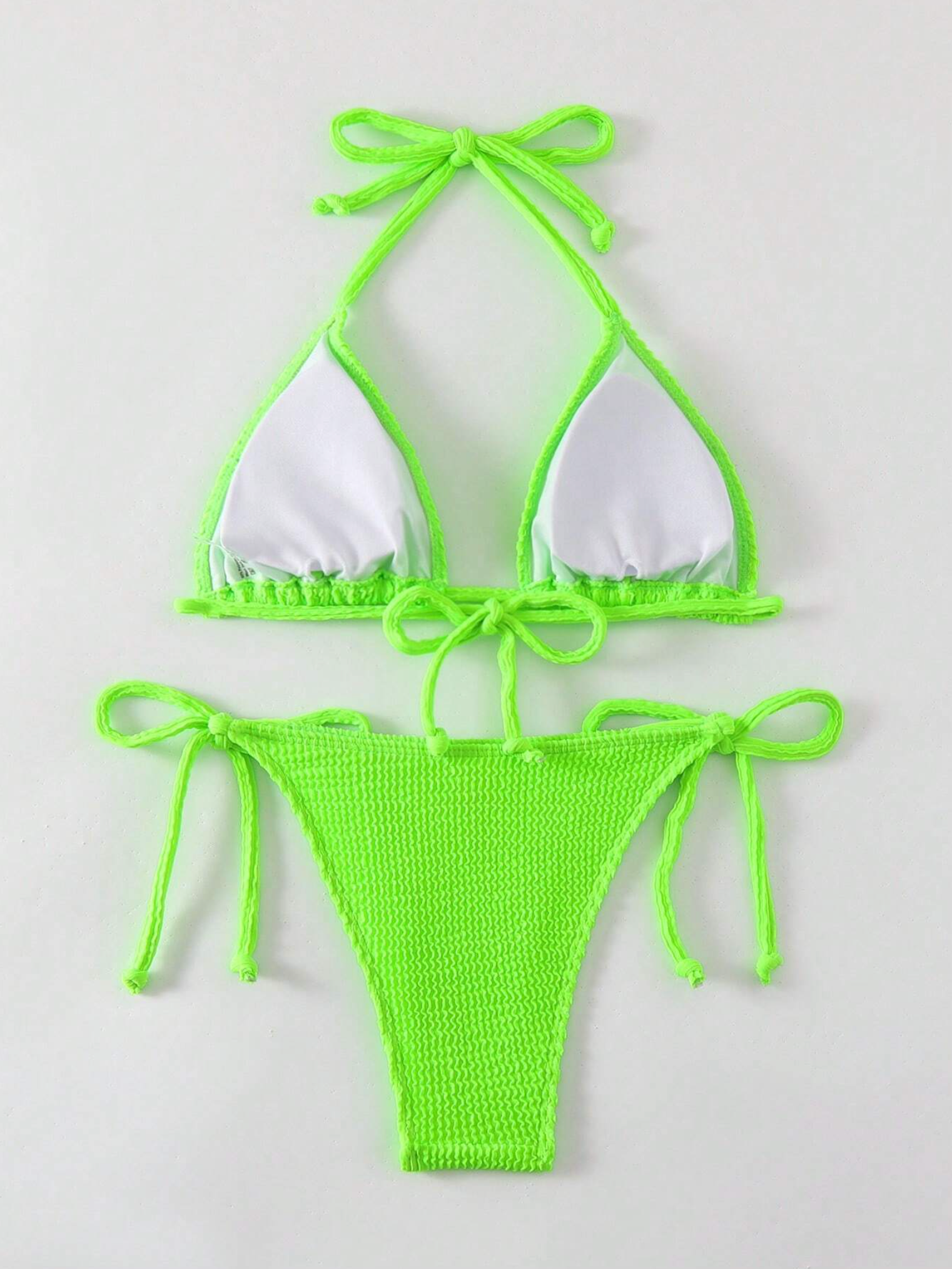 Neon Green Crinkle Triangle Tie Up Bikini