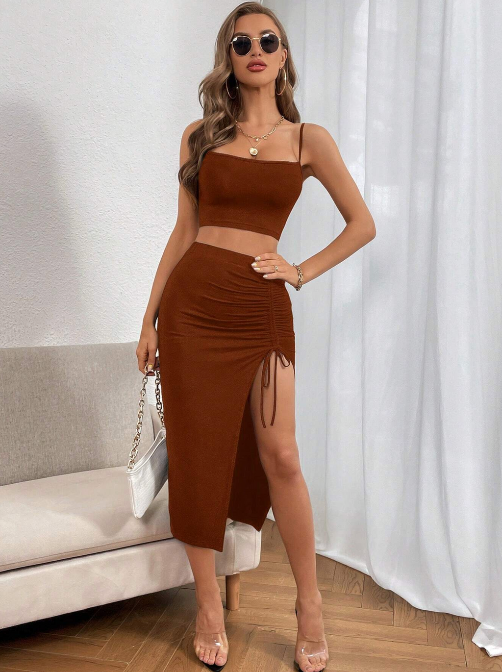 Coffee Cami Top And Ruched Skirt Two Piece Set