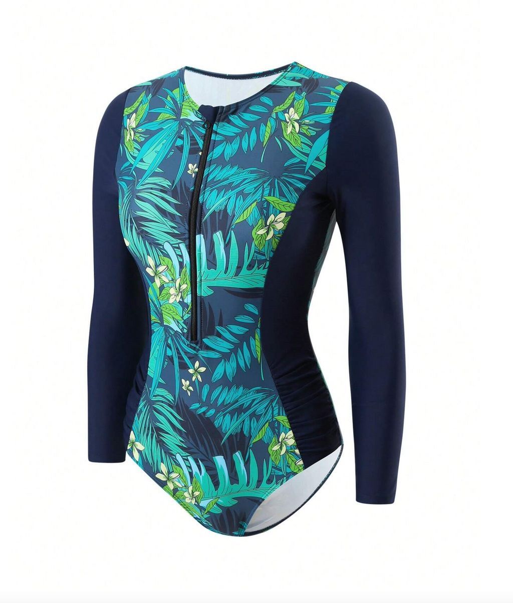 Tropical & Block Ruched Rashguard