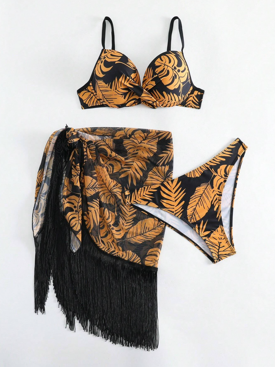 Monstera Print Push Up Bikini & Fringe Trim Wrap Set – Lagoonlab