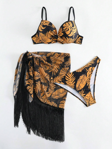 Monstera Print Push Up Bikini & Fringe Trim Wrap Set