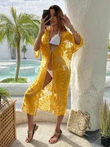 Boho Yellow Embroidered Lace Kimono