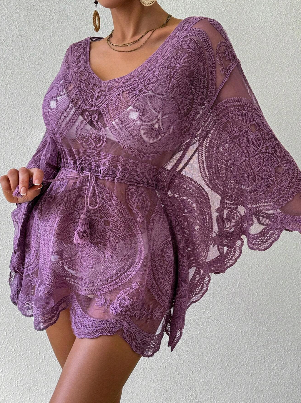 Purple Cercle Embroidered Lace Kaftan