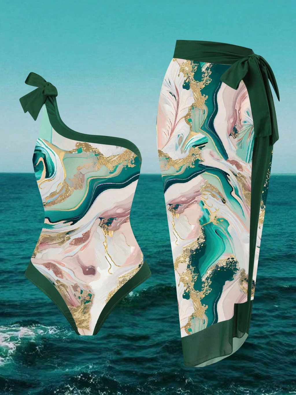 2 Pack Glitter Marble One Shoulder Swimsuit & Sarong Set