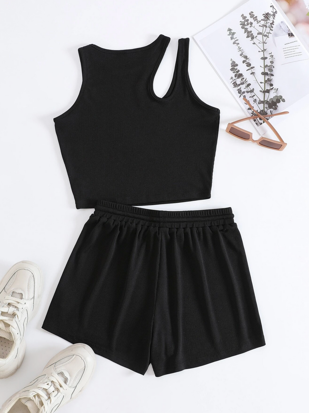 BASICS Ribbed Cut Out Crop Top & Drawstring Shorts Set