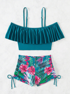 Ruffle Block & Tropical Bikini Shorts Set