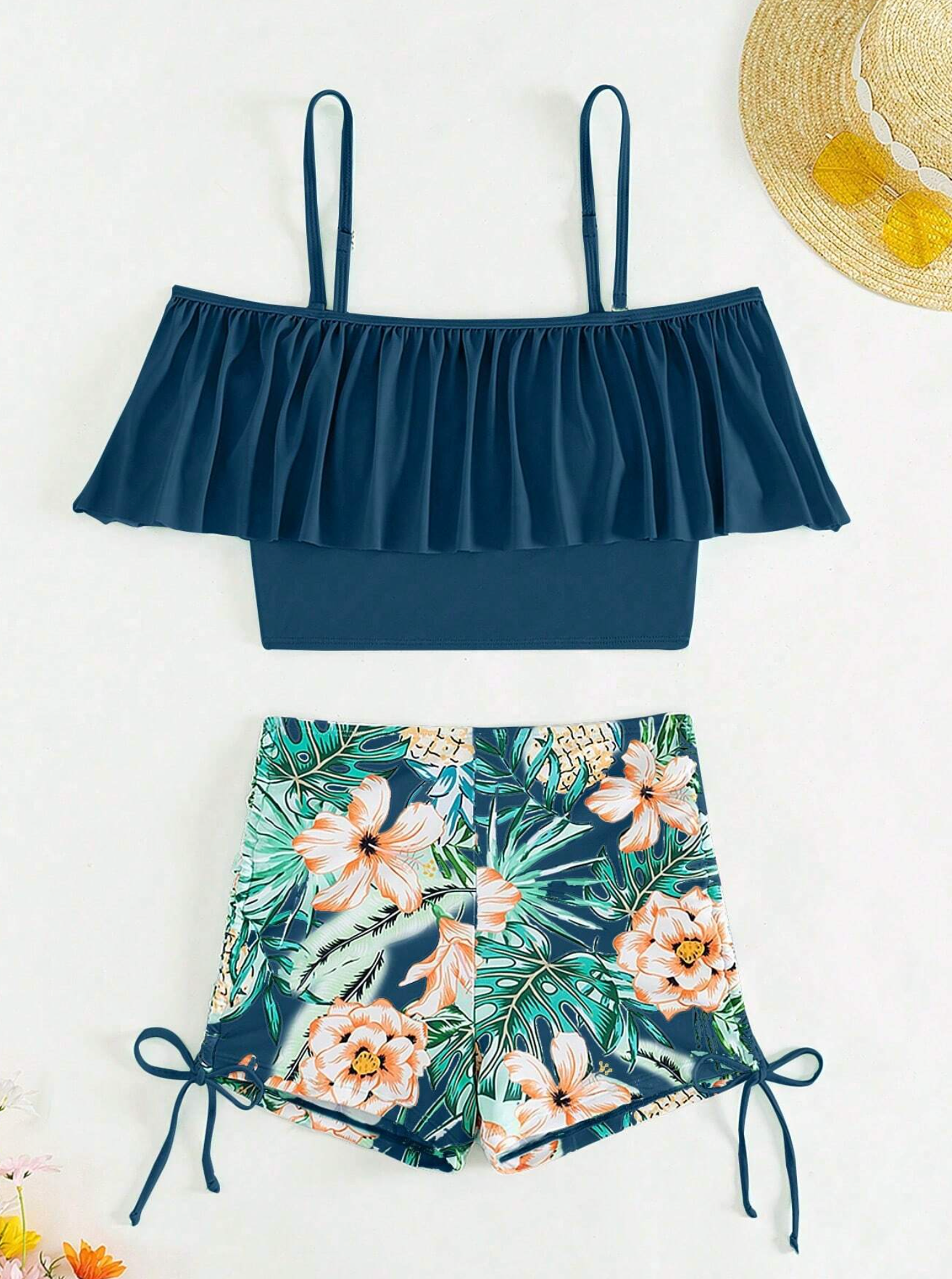 Teal Ruffle Block & Tropical Pineapple Print Bikini Shorts Set