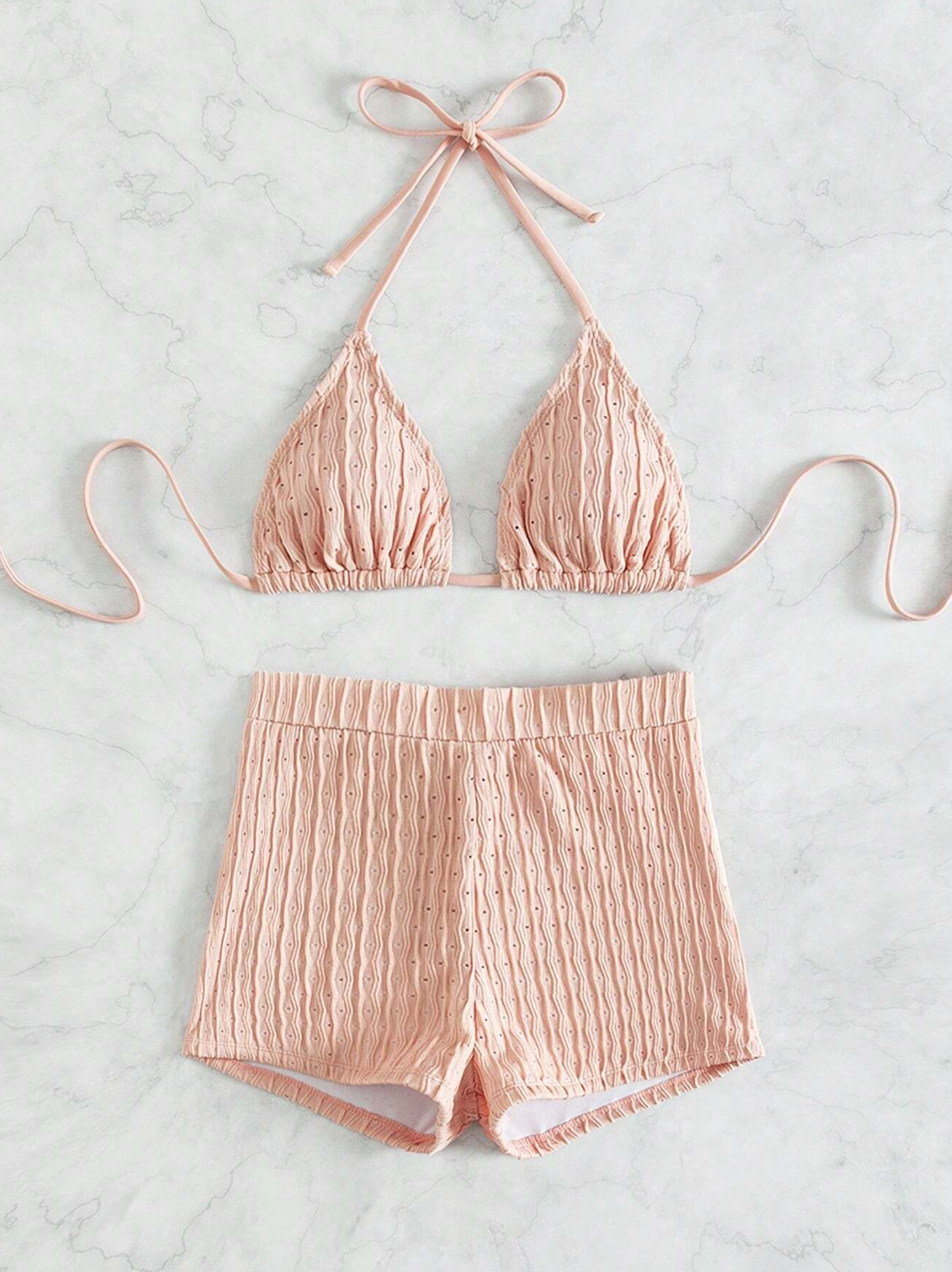 Textured Triangle Bikini Shorts Set