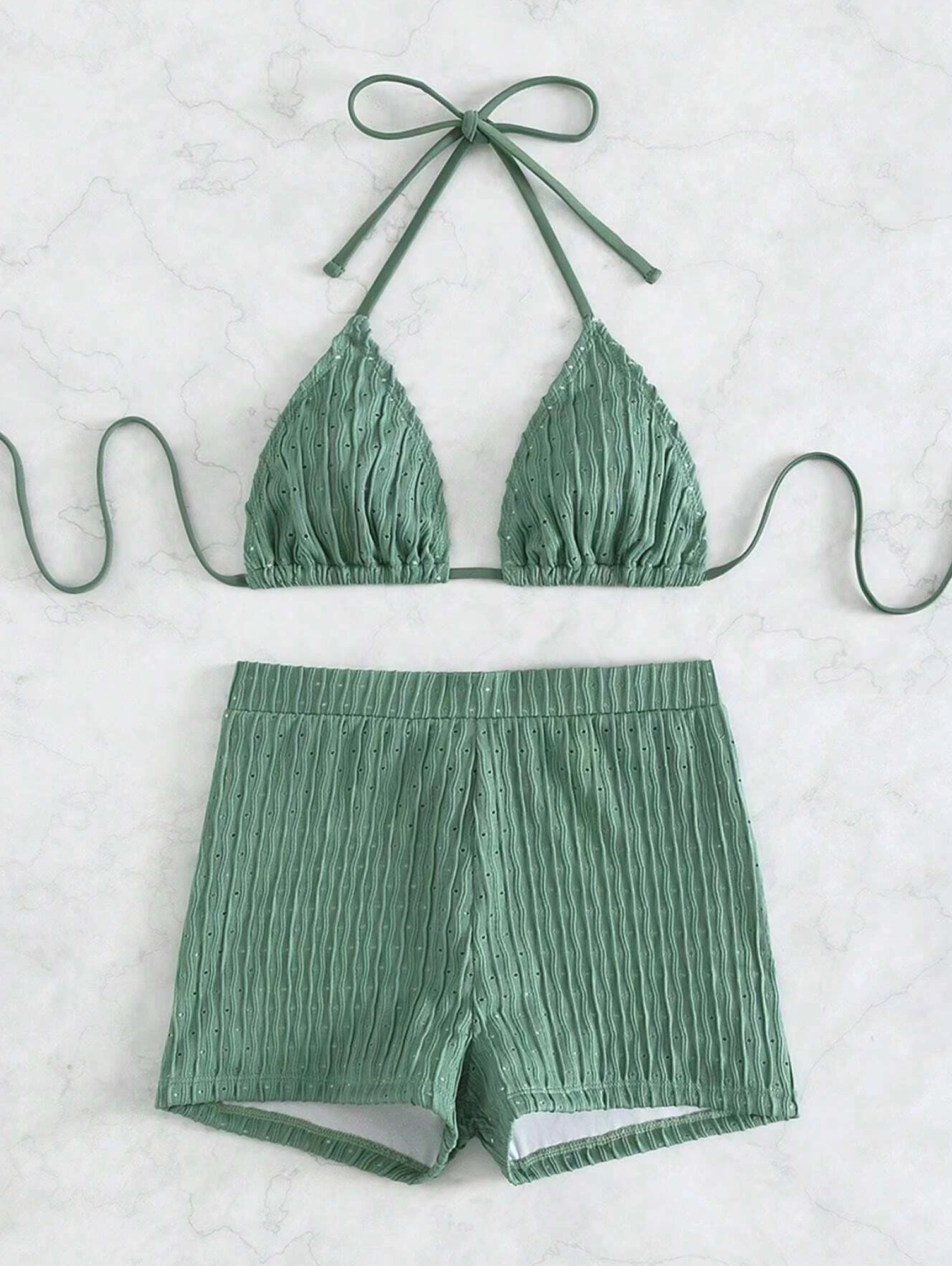 Textured Triangle Bikini Shorts Set