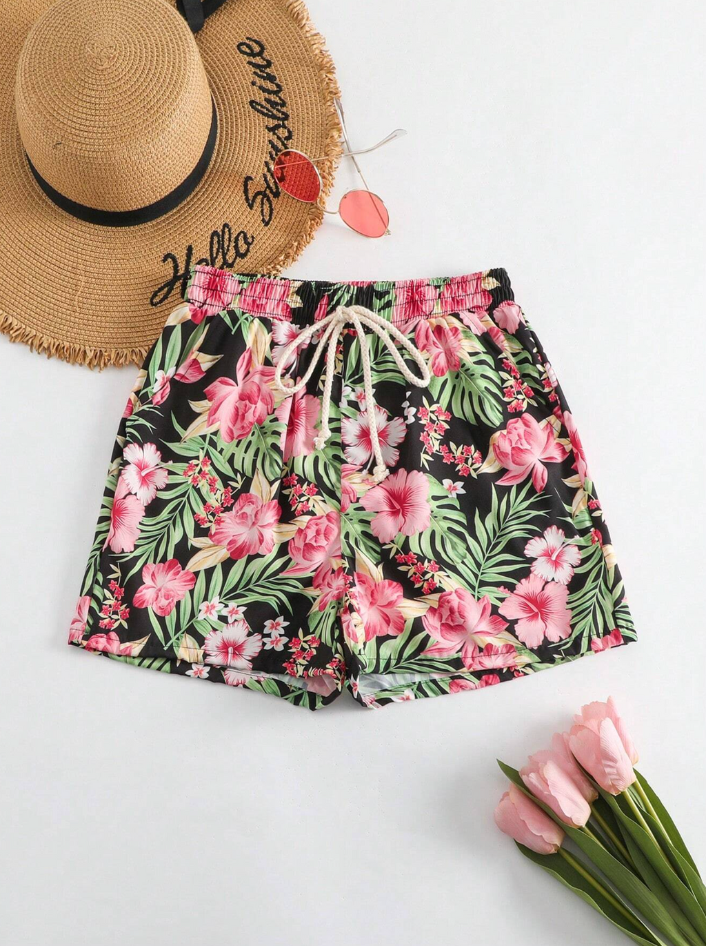 Tropical Floral Drawstring Bikini Shorts